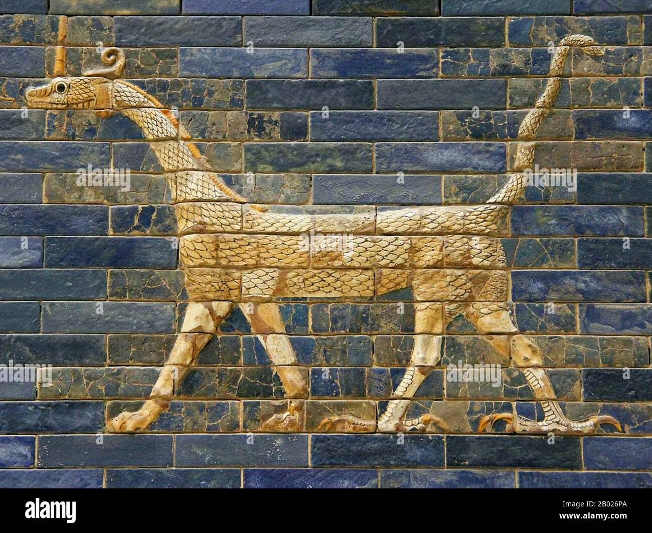 The Ishtar Gate (Persian: دروازه ایشتار)(Arabic: بوابة عشتار) was the eighth gate to the inner city of Babylon. It was constructed in about 575 BC by order of King Nebuchadnezzar II on the north side of the city.  Dedicated to the Babylonian goddess Ishtar, the gate was constructed using glazed brick with alternating rows of bas-relief mušḫuššu (dragons) and aurochs.  The roof and doors of the gate were of cedar, according to the dedication plaque. Through the gate ran the Processional Way, which was lined with walls covered in lions on glazed bricks (about 120 of them). Ishtar Gate has only Stock Photo