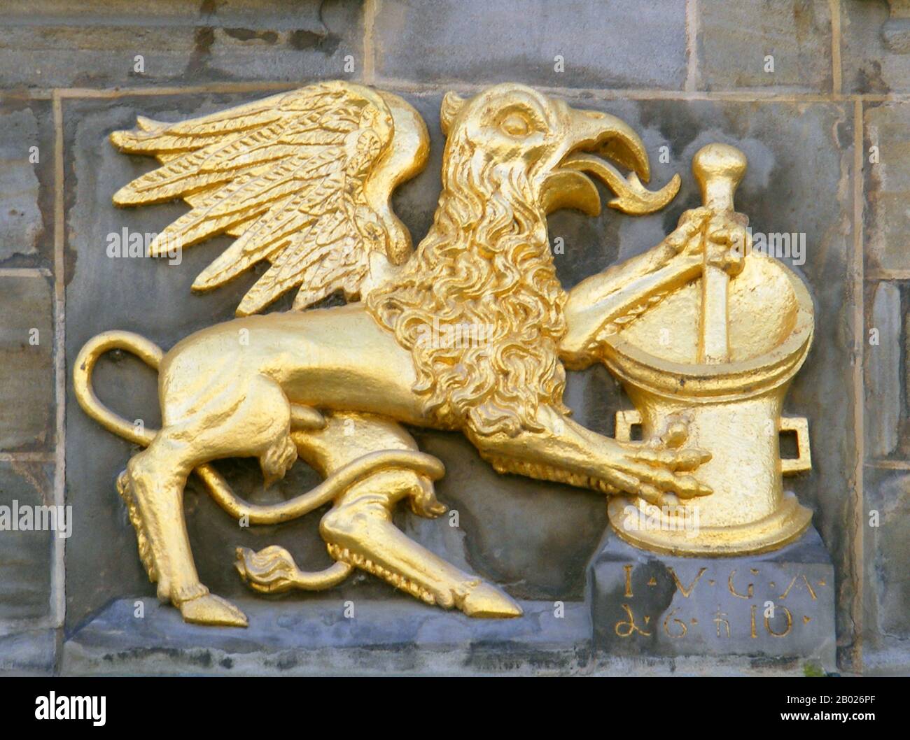 The griffin, griffon, or gryphon is a legendary creature with the body,  tail, and back legs of a lion; the head and wings of an eagle; and an  eagle's talons as its