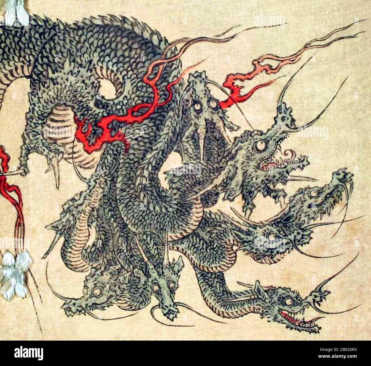 Yamata no Orochi (八岐の大蛇) or Orochi, translated as  Eight-Forked Serpent in English, is a legendary 8-headed and 8-tailed Japanese dragon that was slain by the Shinto storm-god Susanoo. Stock Photo