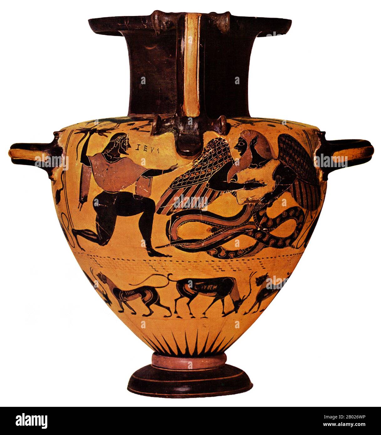 Greece: Zeus hurling a thunderbolt at Typhon represented on a Chalkidan hydria (Greek jug), c. 550-490 BCE.  Typhon was the most deadly monster of Greek mythology. The last son of Gaia, fathered by Tartarus, he was known as the 'Father of All Monsters'; his wife Echidna was likewise the 'Mother of All Monsters'.  Typhon was described in pseudo-Apollodorus, Bibliotheke, as the largest and most fearsome of all creatures. His human upper half reached as high as the stars, and his hands reached east and west. Instead of a human head, a hundred dragon heads erupted from his neck and shoulders. Stock Photo