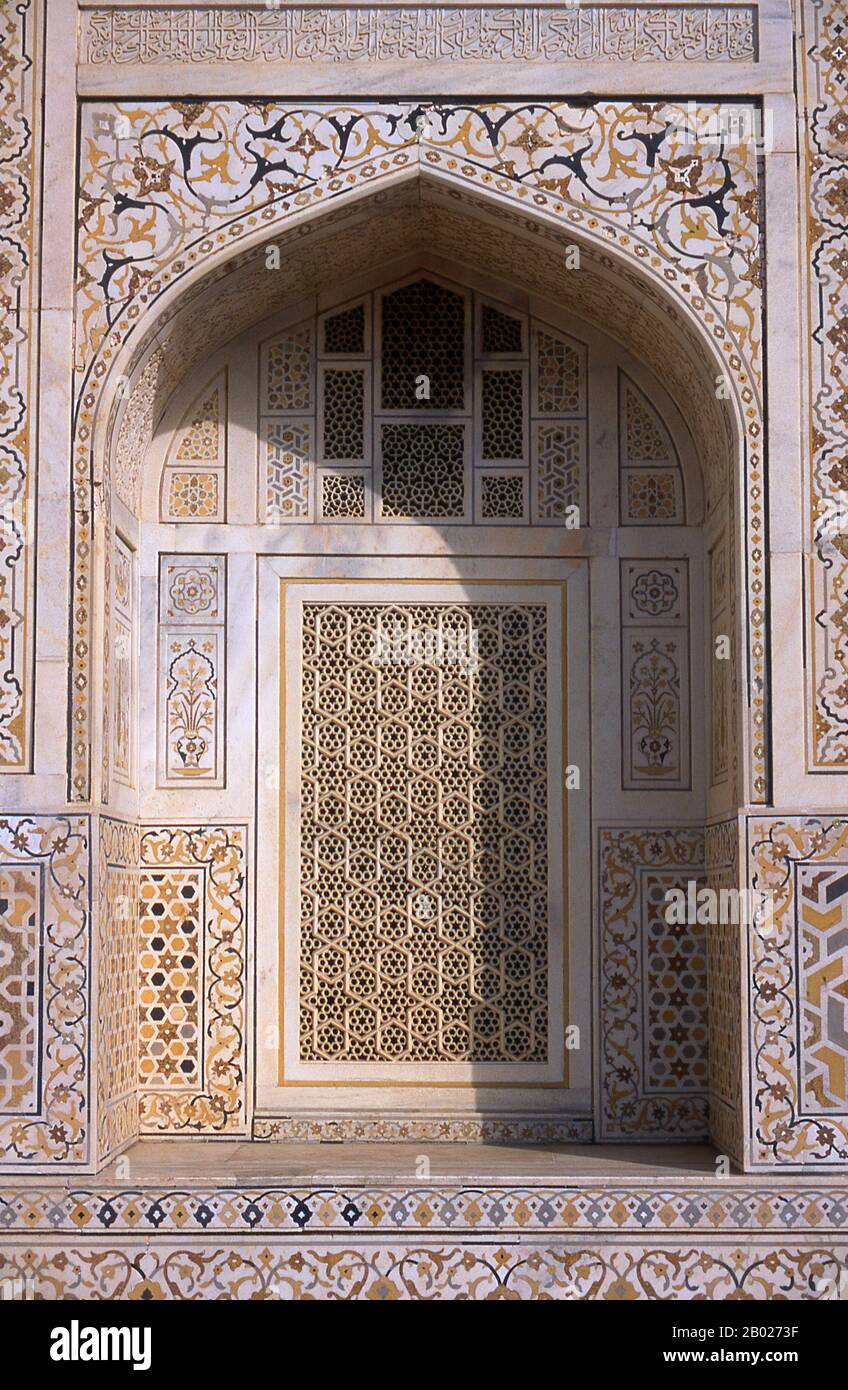 Etimad-ud-Daula's Tomb (Urdu: اعتماد الدولہ کا مقبرہ, I'timād-ud-Daulah kā Maqbara) is a Mughal mausoleum in the city of Agra in the Indian state of Uttar Pradesh.  Along with the main building, the structure consists of numerous outbuildings and gardens. The tomb, built between 1622 and 1628 represents a transition between the first phase of monumental Mughal architecture - primarily built from red sandstone with marble decorations, as in Humayun's Tomb in Delhi and Akbar's tomb in Sikandra - to its second phase, based on white marble and pietra dura inlay, most elegantly realized in the Tāj Stock Photo