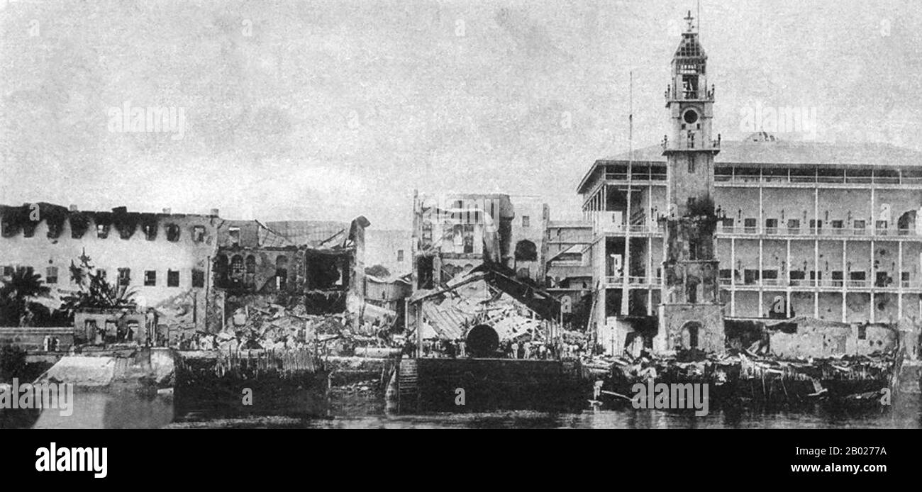 The Anglo-Zanzibar War was fought between the United Kingdom and the Zanzibar Sultanate on 27 August 1896. The conflict lasted around 40 minutes, and is the shortest war in history. The immediate cause of the war was the death of the pro-British Sultan Hamad bin Thuwaini on 25 August 1896 and the subsequent succession of Sultan Khalid bin Barghash. The British authorities preferred Hamud bin Muhammed, who was more favourable to British interests, as sultan. In accordance with a treaty signed in 1886, a condition for accession to the sultanate was that the candidate obtain the permission of the Stock Photo