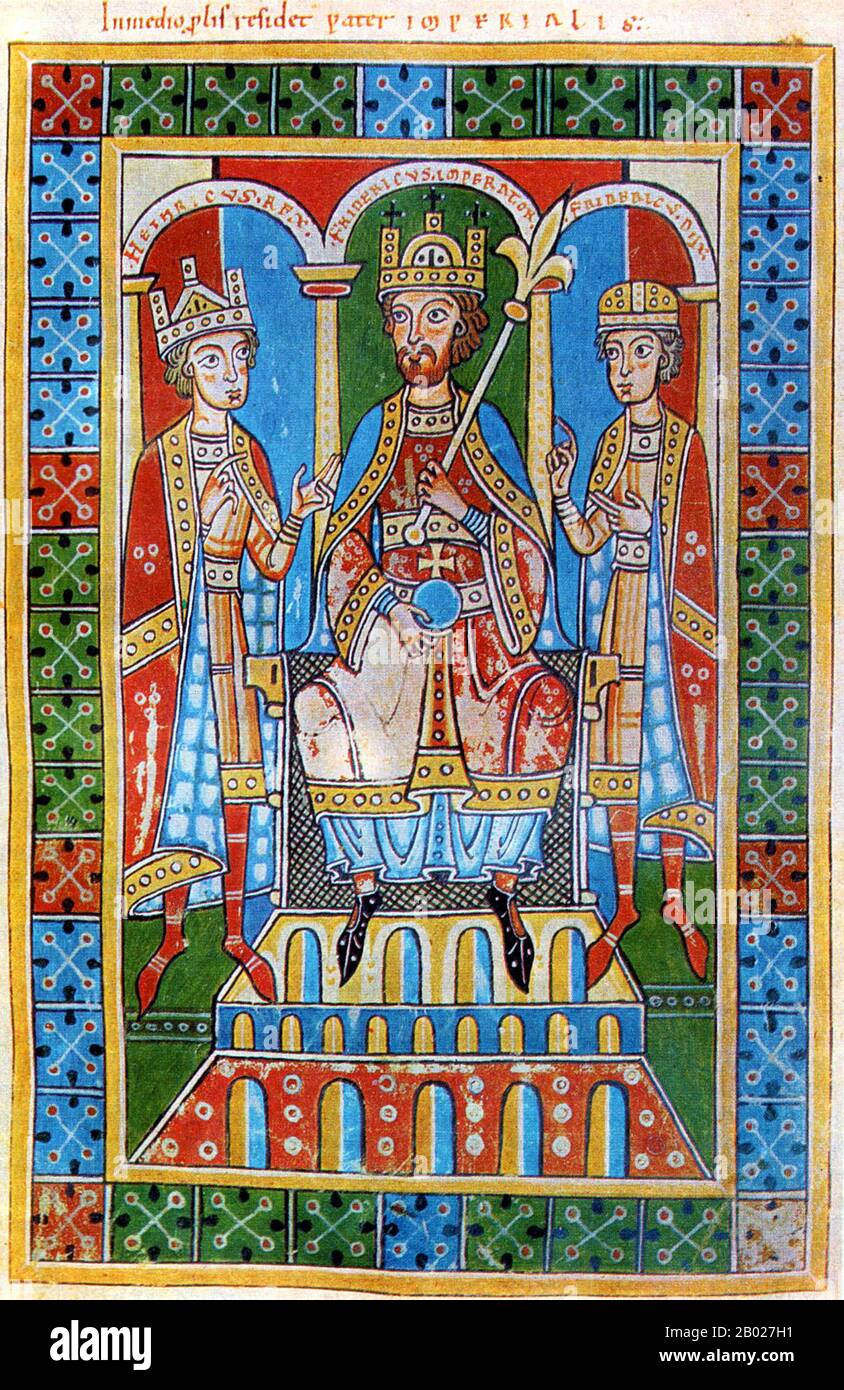 Frederick I Barbarossa (1122 – 10 June 1190) was a German Holy Roman Emperor. He was elected King of Germany at Frankfurt on 4 March 1152 and crowned in Aachen on 9 March 1152. He became King of Italy in 1155 and was finally crowned Roman Emperor by Pope Adrian IV on 18 June 1155.  Two years later, the term 'sacrum' (i.e. 'holy') first appeared in a document in connection with his Empire. He was then also formally crowned King of Burgundy at Arles on 30 June 1178. He got the name Barbarossa from the northern Italian cities he attempted to rule. Barbarossa is 'red beard' in Italian—a mark of bo Stock Photo