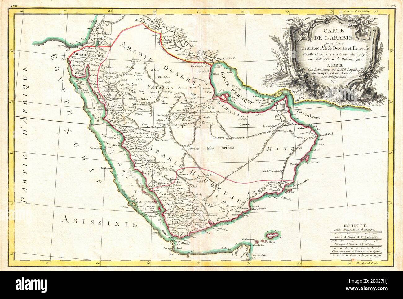 Rigobert Bonne's 1771 decorative map of the Arabian Peninsula. Covers from the Mediterranean to the Indian Ocean and from the Red Sea to the Persian Gulf. Includes the modern day nations of Saudi Arabia, Israel, Jordan, Kuwait, Iraq, Yemen, Oman, the United Arab Emirates, and Bahrain.  It names Mt. Sinai, Mecca and Jerusalem as well as many other cities and desert oases and also notes numerous offshore shoals, reefs, and other dangers in the Red Sea and the Persian Gulf. There is a large decorative title cartouche in the upper right hand quadrant. Drawn by R. Bonne in 1771 for issue as plate n Stock Photo