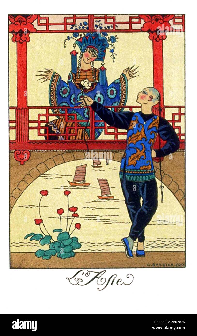 France: 'L'Asie'. Illustration from 'La Guirlande des Mois' by George Barbier (16 October 1882 - 19 March 1932), 1920.  George Barbier was one of the great French illustrators of the early 20th century. Born in Nantes, Barbier was 29 years old when he mounted his first exhibition in 1911 and was subsequently swept to the forefront of his profession with commissions to design theatre and ballet costumes, to illustrate books, and to produce haute couture fashion illustrations. Stock Photo