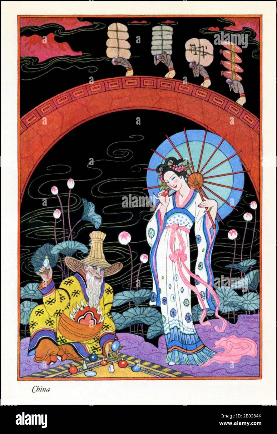France: 'China'. Illustration from 'The Romance of Perfume' by George Barbier (16 October 1882 - 19 March 1932), 1912.  George Barbier was one of the great French illustrators of the early 20th century. Born in Nantes, Barbier was 29 years old when he mounted his first exhibition in 1911 and was subsequently swept to the forefront of his profession with commissions to design theatre and ballet costumes, to illustrate books, and to produce haute couture fashion illustrations. Stock Photo