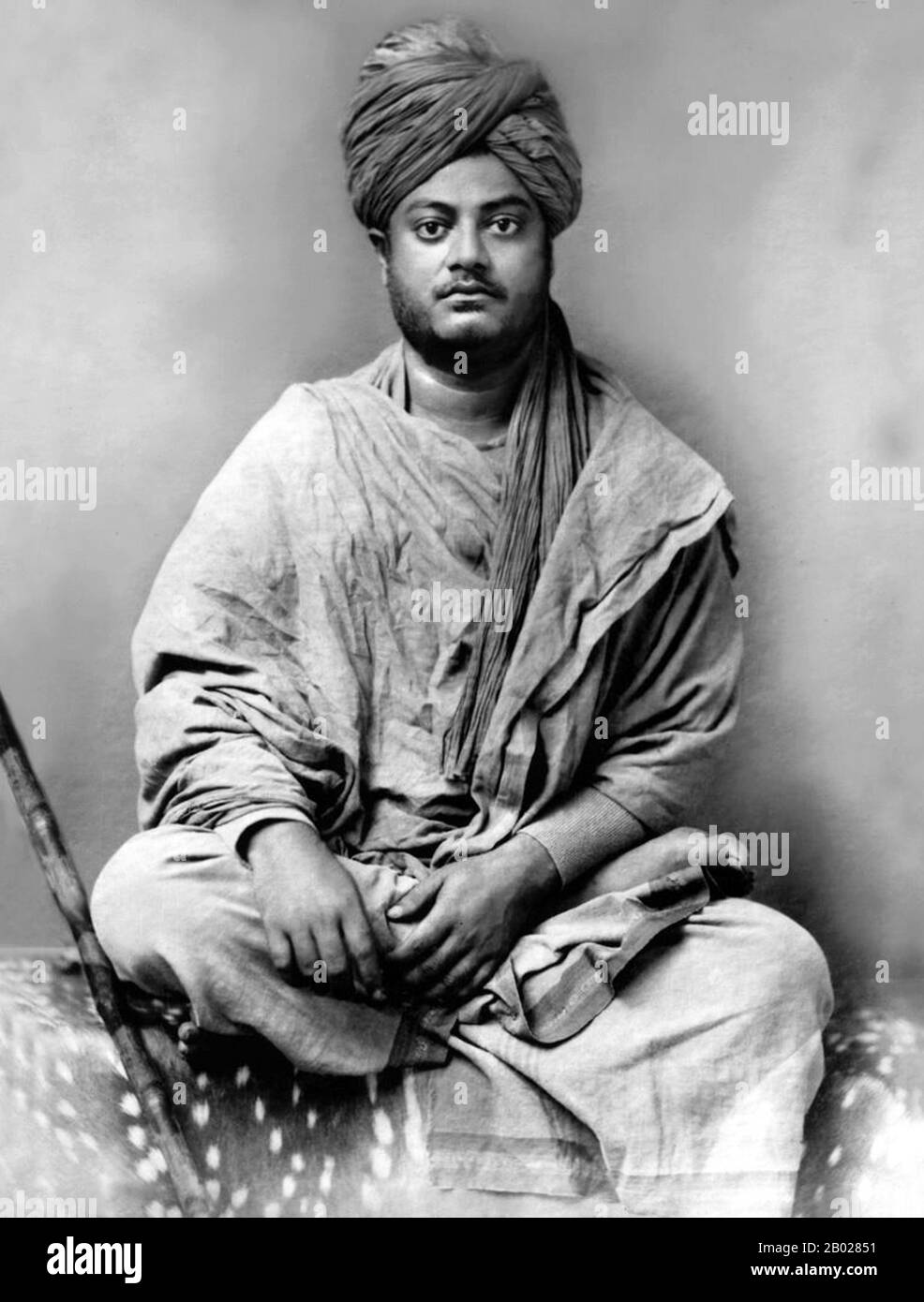 Swami Vivekananda (12 January 1863 – 4 July 1902), born Narendra Nath Datta, was an Indian Hindu monk and chief disciple of the 19th-century saint Ramakrishna. He was a key figure in the introduction of the Indian philosophies of Vedanta and Yoga to the western world and was credited with raising interfaith awareness, bringing Hinduism to the status of a major world religion in the late 19th century.  He was a major force in the revival of Hinduism in India and contributed to the notion of nationalism in colonial India. Vivekananda founded the Ramakrishna Math and the Ramakrishna Mission. He i Stock Photo
