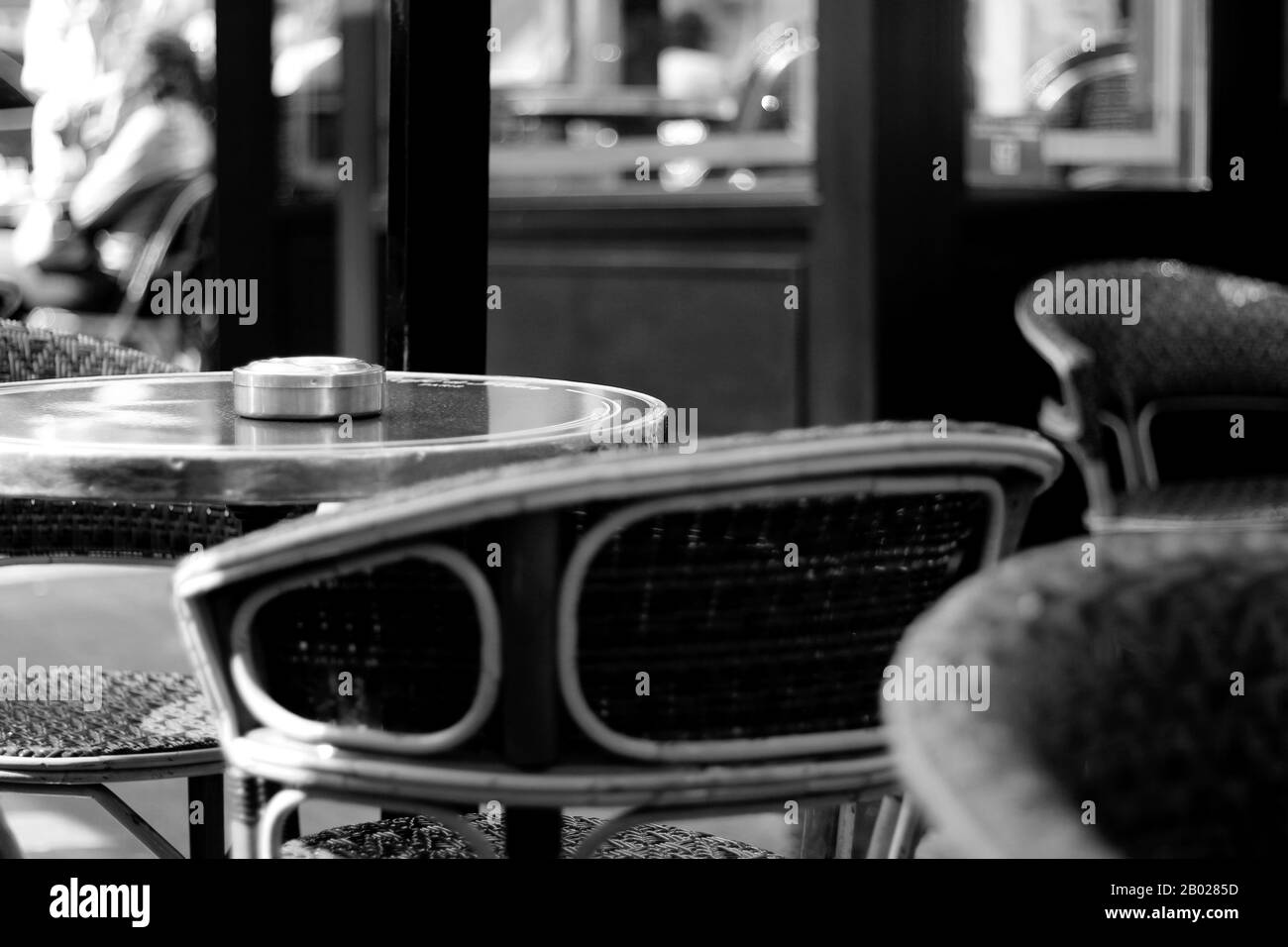 Classic French Cafe Black and White View. Iconic Parisian Cafe Terrace