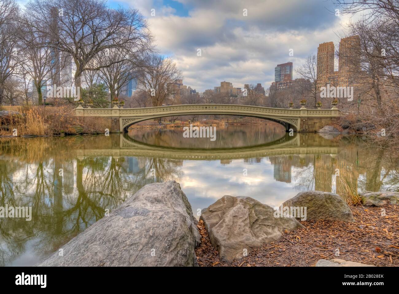 Bow bridge, Central Park, New York City in winter early morning Stock