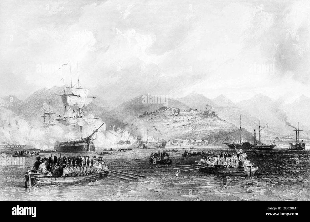 The first capture of Chusan by British forces in China occurred on 5–6 July 1840 during the First Opium War. The British captured Chusan, the largest island of an archipelago of that name.  The First Anglo-Chinese War (1839–42), known popularly as the First Opium War or simply the Opium War, was fought between the United Kingdom and the Qing Dynasty of China over their conflicting viewpoints on diplomatic relations, trade, and the administration of justice.  Chinese officials wished to stop what was perceived as an outflow of silver and to control the spread of opium, and confiscated supplies Stock Photo
