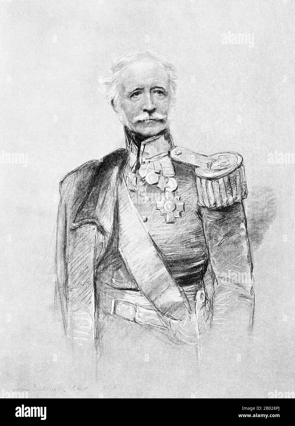 Field Marshal Hugh Gough, 1st Viscount Gough KP, GCSI, KCB, PC (3 November 1779 – 2 March 1869), was a British Army officer. He was said to have commanded in more general actions than any other British officer of the 19th century except the Duke of Wellington.  Born at Woodstown House, County Limerick, he was the son of Lieut.-Colonel George Gough (1750–1836) of Woodstown House, Deputy-Governor of County Limerick, and his wife Letitia Bunbury, daughter of Thomas Bunbury of Lisnevagh House and Moyle, Co. Carlow. He was a member of an old Anglo-Irish family long settled in County Limerick since Stock Photo