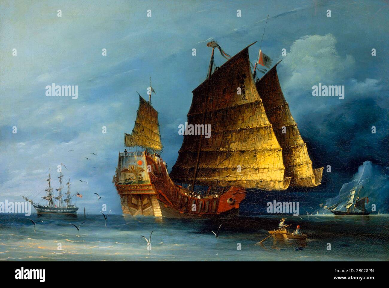 On the sail of the junk shown there is an inscription bearing five Chinese characters, namely, 'Fo Shan Lian He Dian Zao' ('manufactured by the United Shop in Foshan'). The inscription probably refers to the manufacturer of the sails.  Painted on the stern of the junk are three Chinese characters 'Li Wan Jin' (from right to left), literally 'May our profit be ten thousand pieces of gold'. To the left is an American full-rigged ship, possibly a warship or a trader decorated in 'painted ports' style; to the right a rakishly rigged and fast British brigantine. Stock Photo