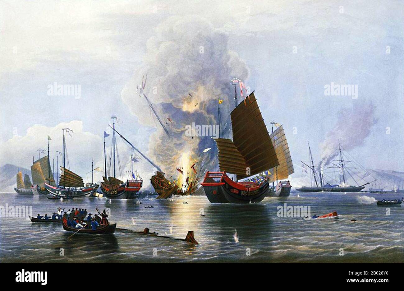 The Second Battle of Chuenpee was fought between British and Chinese forces at the Bocca Tigris, China, on 7 January 1841 during the First Opium War. The British captured the forts on the islands of Chuenpee and Tycocktow.  The battle led to negotiations between British Plenipotentiary Charles Elliot and Chinese Imperial Commissioner Qishan in the Convention of Chuenpee. Elliot declared, among other arrangements, the cession of Hong Kong Island to the British Empire.  During the battle, the iron steam ship Nemesis fired a congreve rocket which exploded a Chinese junk. A British officer gave hi Stock Photo
