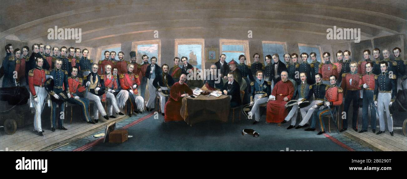 The Treaty of Nanjing, also called the 'Treaty of Nanking', was signed on the 29th of August 1842 to mark the end of the First Opium War (1839–42) between the United Kingdom of Great Britain and Ireland and the Qing Dynasty of China. It was the first of what the Chinese called the unequal treaties because Britain had no obligations in return.  In the wake of China's military defeat, with British warships poised to attack the city, representatives from the British and Qing Empires negotiated aboard HMS Cornwallis anchored at Nanjing. On 29 August 1842, British representative Sir Henry Pottinger Stock Photo