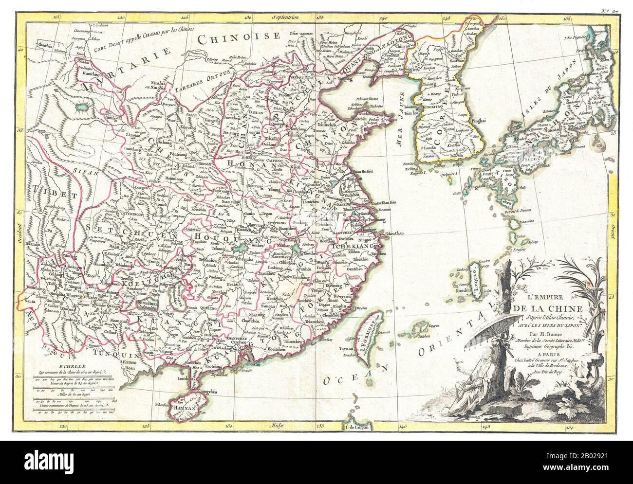 Rigobert Bonne's decorative map of China, Korea (Corea), Japan and Formosa (Taiwan). The arera covered extends from Tibet and Chinese Tartary east to Japan and south to Hainan.  China is divided into various provinces with major cities, lakes, and riverways noted. Names Macao, Canton, Nanking (Nanjing), Jedo (Tokyo), Peking (Beijing) and many other cities.   The lower right quadrant is decorated with an elaborate title cartouche showing a Chinese scholar or monk relaxing with a bird in a forest under a parasol. Drawn by R. Bonne c. 1770 for issue as plate no. 35 in Jean Lattre's 1776 issue of Stock Photo