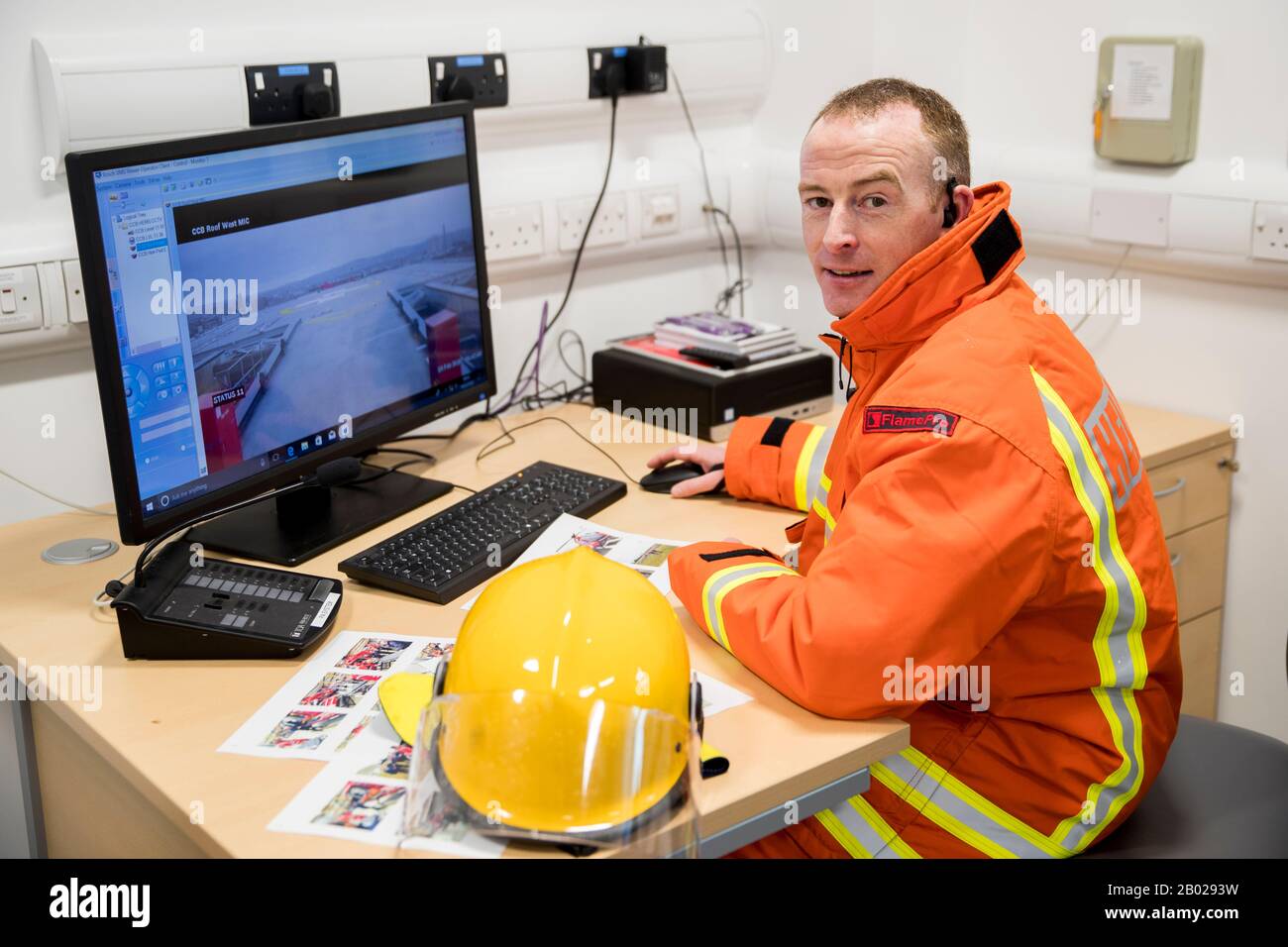 Mark Carey, deputy security manager at the Royal Victoria Hospital in West Belfast, in the helipad control room of the Northern Ireland Helicopter Emergency Medical Service (HEMS), at the hospital in West Belfast, where the first test landing of the service took place on Tuesday. Stock Photo