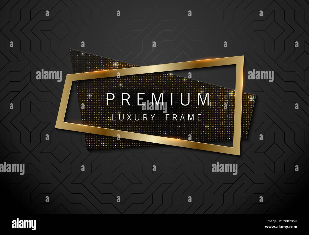 Vector geometric sparkling sequins banner with golden frame on black pattern background. Premium label design for logo or cover tagline. Stock Vector