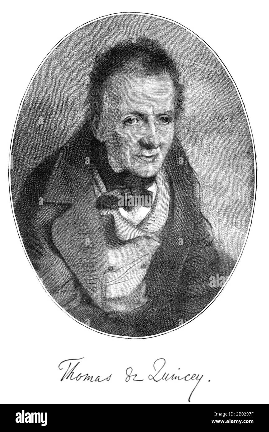 By his own testimony, De Quincey first used opium in 1804 to relieve his neuralgia; he used it for pleasure, but no more than weekly, through 1812. It was in 1813 that he first commenced daily usage, in response to illness and his grief over the death of Wordsworth's young daughter Catherine.   In the periods of 1813–16 and 1817–19 his daily dose was very high, and resulted in the sufferings recounted in the final sections of his Confessions. For the rest of his life his opium use fluctuated between extremes; he took 'enormous doses' in 1843, but late in 1848 he went for 61 days with none at a Stock Photo