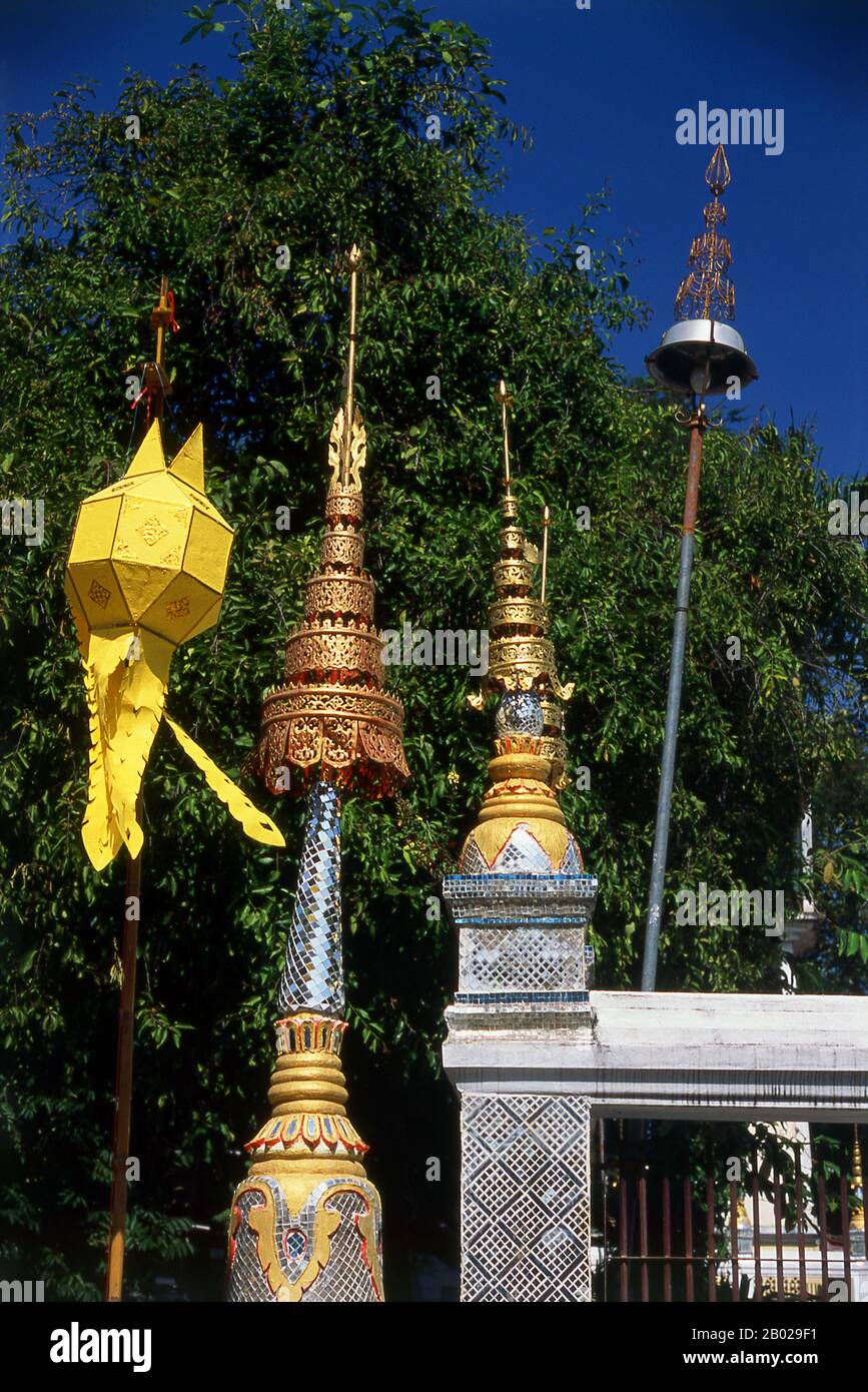 Wat Saen Fang was originally constructed in the 14th century, but none of the structures visible today date from before the 19th century.  Chiang Mai is often called Thailand’s ‘Rose of the North’, and is the country’s second city and a popular tourist destination due primarily to its mountainous scenery, colourful ethnic hilltribes and their handicrafts.  Founded in 1296 by King Mengrai as the capital of his Lanna kingdom, Chiang Mai was later overrun by Burmese invaders in 1767. The city was then left abandoned between 1776 and 1791. Chiang Mai formally became part of Siam in 1774 by an agre Stock Photo