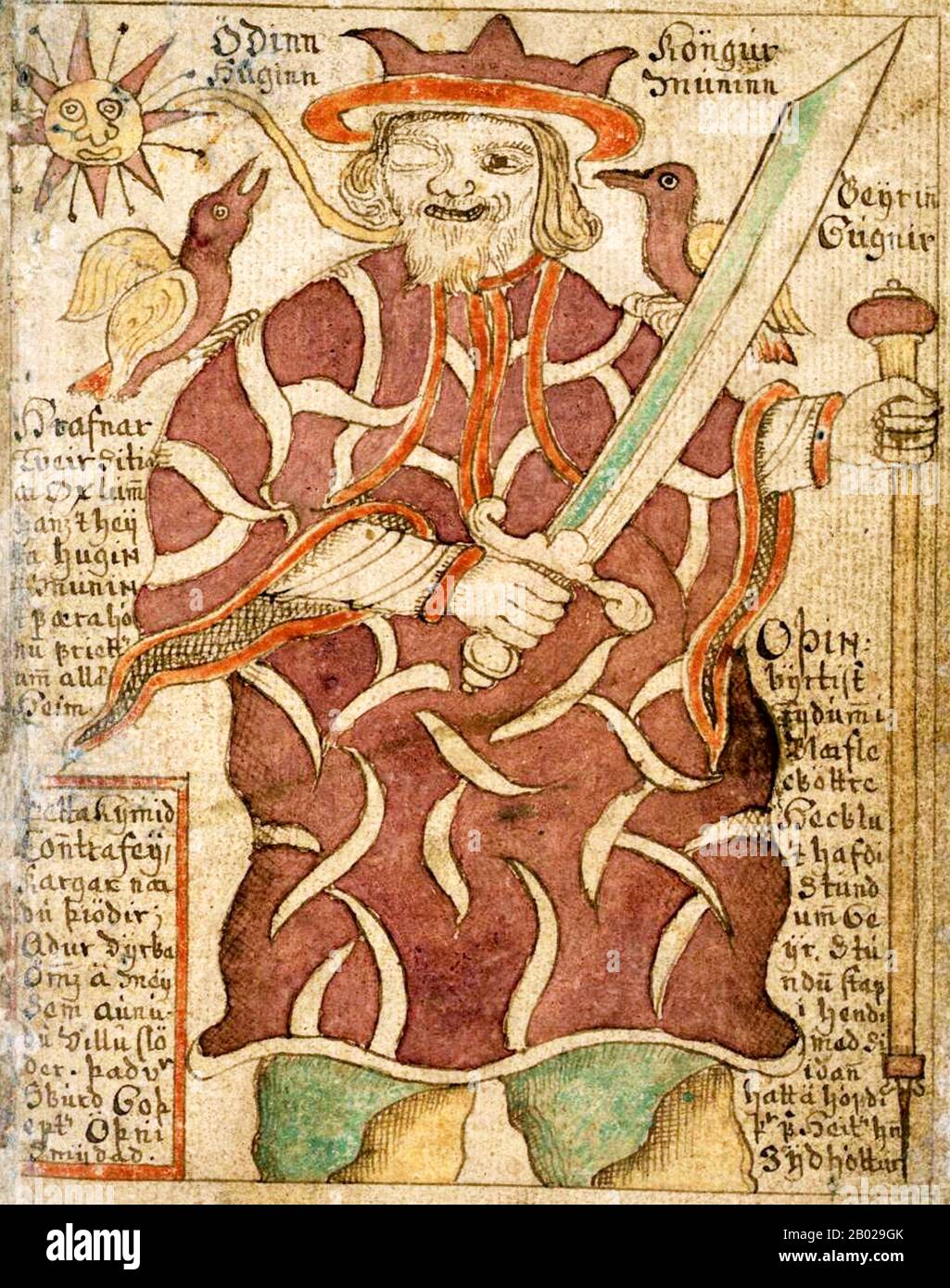 Odin (from Old Norse Óðinn) is a major god in Norse mythology, the Allfather of the gods, and the ruler of Asgard.  His role, like that of many of the Norse gods, is complex. Odin is a principal member of the Æsir (the major group of the Norse pantheon) and is associated with war, battle, victory and death, but also wisdom, Shamanism, magic, poetry, prophecy, and the hunt.  Odin has many sons, the most famous of whom is the thunder god Thor. Wednesday is the unified form of Woden's day as most days of the week are named after the Norse Gods. Stock Photo