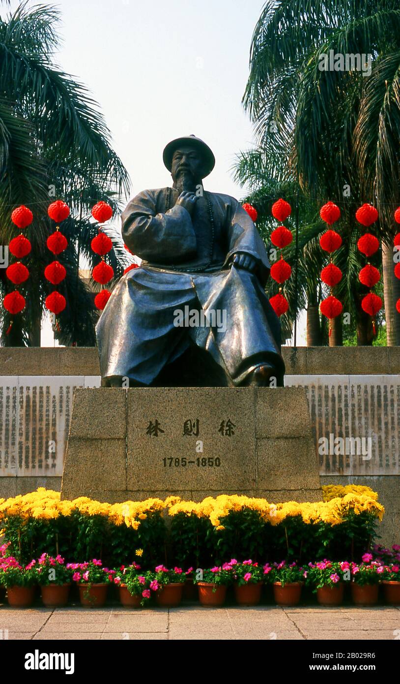 The history of Humen is linked to the First Opium War (1839–1842). It was at Humen that Lin Zexu (1785 - 1850) supervised the destruction of large quantities of seized opium in 1839. Some major battles in the First Opium War were fought here and on the waters of the Bocca Tigris.  Lin Zexu was a Chinese scholar and official during the Qing dynasty. He is recognized for his conduct and his constant position on the 'high moral ground' in his fight against the opium trade in Guangzhou.  Although the non-medicinal consumption of opium was banned by Emperor Yongzheng in 1729, by the 1830s China's e Stock Photo