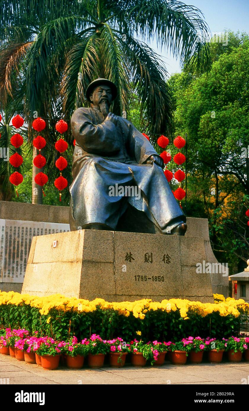 The history of Humen is linked to the First Opium War (1839–1842). It was at Humen that Lin Zexu (1785 - 1850) supervised the destruction of large quantities of seized opium in 1839. Some major battles in the First Opium War were fought here and on the waters of the Bocca Tigris.  Lin Zexu was a Chinese scholar and official during the Qing dynasty. He is recognized for his conduct and his constant position on the 'high moral ground' in his fight against the opium trade in Guangzhou.  Although the non-medicinal consumption of opium was banned by Emperor Yongzheng in 1729, by the 1830s China's e Stock Photo