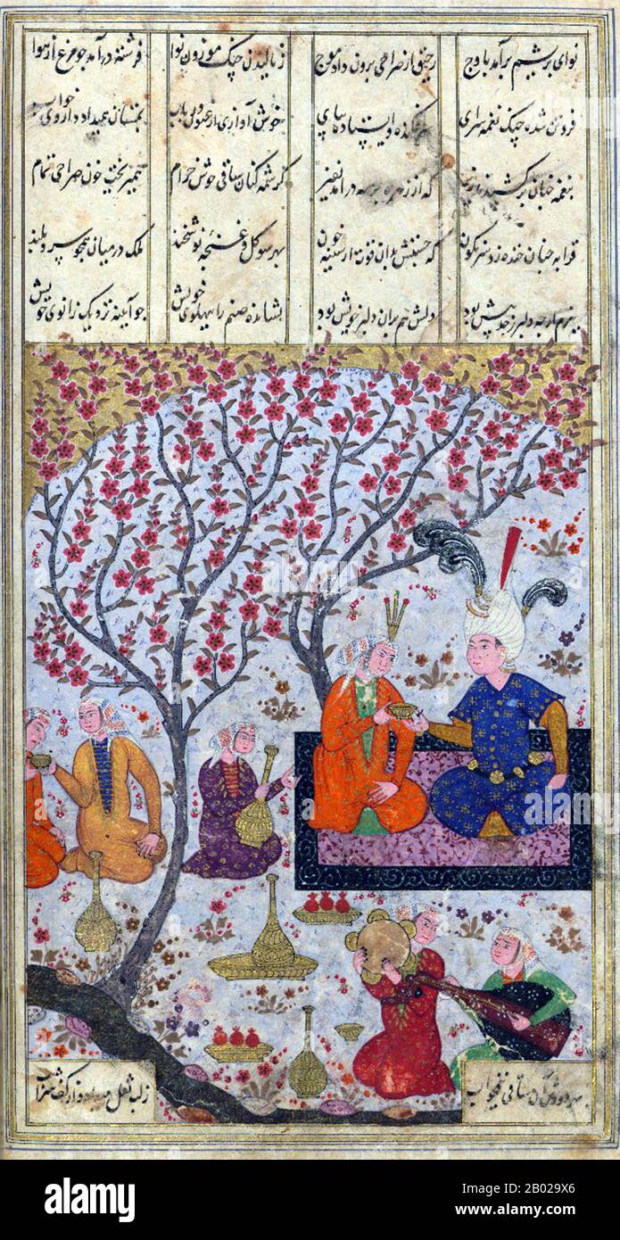 Nizami Ganjavi (1141-1209) or Amīr Khusraw Dihlavī, whose formal name was Jamal ad-Dīn Abū Muḥammad Ilyās ibn-Yūsuf ibn-Zakkī, was a 12th-century Persian poet.  Nezāmi is considered the greatest romantic epic poet in Persian literature, who brought a colloquial and realistic style to the Persian epic. His heritage is widely appreciated and shared by Afghanistan, Azerbaijan, Iran, Kurdistan and Tajikistan. Stock Photo