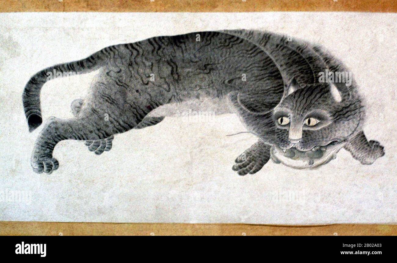 Central Asia: A cat with a mouse in its mouth.  Miniature painting from the Siyah Kalem School, 15th century.  Siyah Kalem or 'Black Pen' is the name given to the 15th century school of painting attributed to Mehmed Siyah Kalem. Nothing is known of his life, but his work indicates that he was of Central Asian Turkic origin, and thoroughly familiar with camp and military life. The paintings appear in the 'Conqueror’s Albums', so named because two portraits of Sultan Mehmed II the Conqueror are present in one of them. Stock Photo