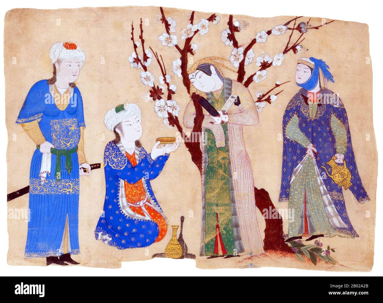 A young man offering a cup of wine to a young woman reflects a traditional Persian courtly ideal expressed in poetry and in painting. Yet it was common practice for Timurid artists to turn to Chinese models for stylistic inspiration.  In this painting, Chinese influence can be seen in the arrangement of figures on a horizontal groundline set against a neutral background, and in the identity and sinuous style of the flowering prunus tree that frames the princess. Stock Photo