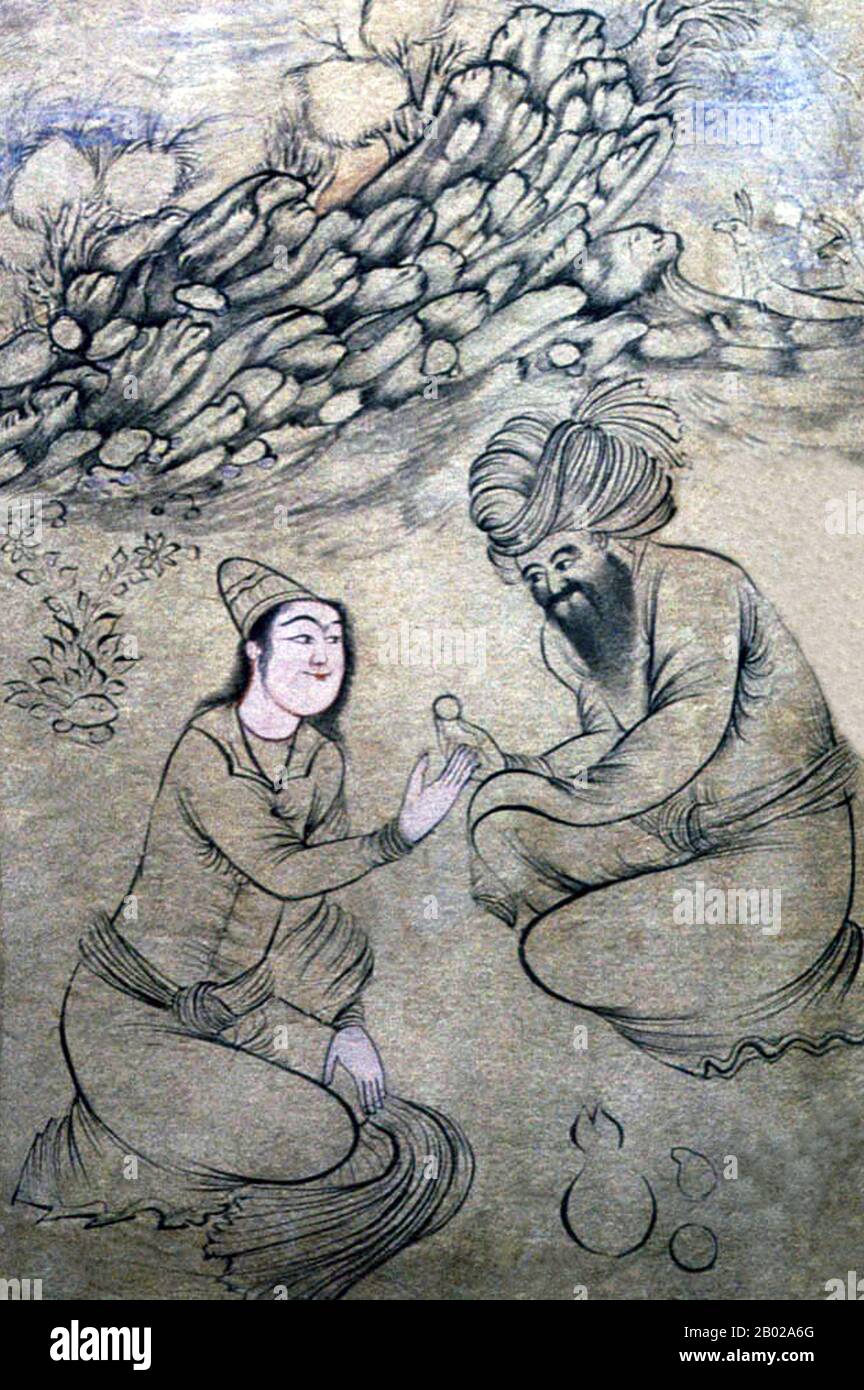 The colouration of the youth's face and his conjoined eyebrows suggest a homoerotic theme not uncommon in Turkish and Persian art of the period.  Siyah Kalem or 'Black Pen' is the name given to the 15th century school of painting attributed to Mehmed Siyah Kalem. Nothing is known of his life, but his work indicates that he was of Central Asian Turkic origin, and thoroughly familiar with camp and military life. The paintings appear in the 'Conqueror’s Albums', so named because two portraits of Sultan Mehmed II the Conqueror are present in one of them.  The albums are made up of miniatures taken Stock Photo