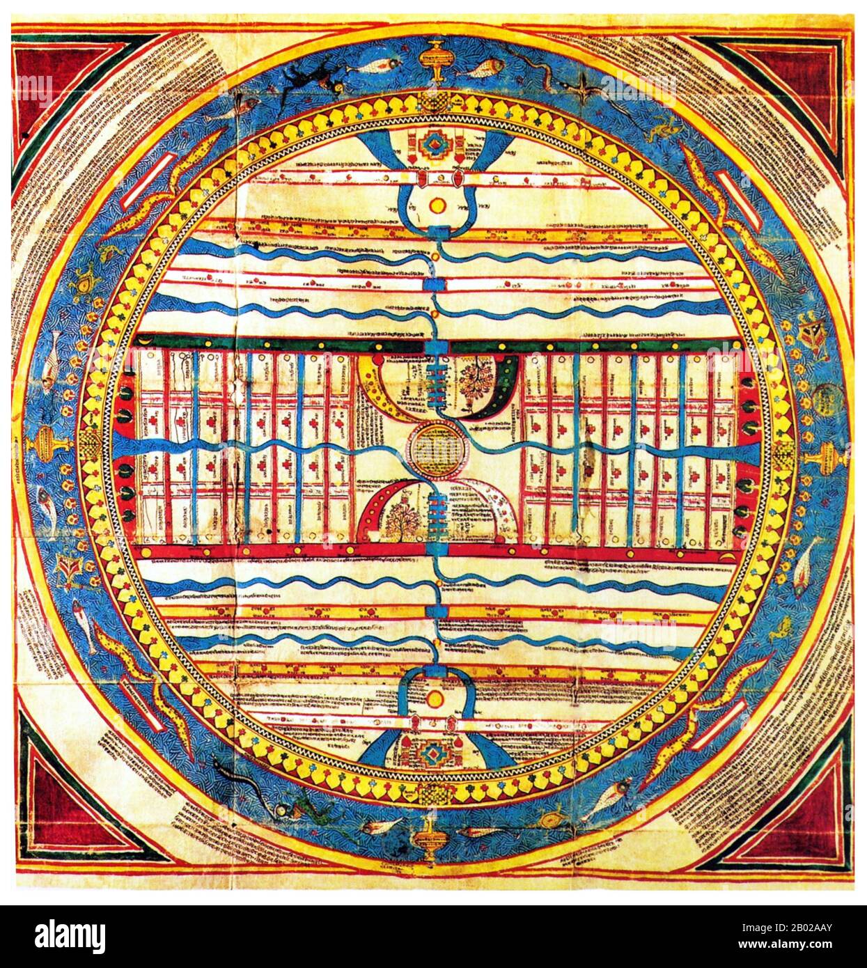 Jain cosmology is the description of the shape and functioning of the physical and metaphysical Universe (loka) and its constituents (such as living, matter, space, time etc.) according to Jainism, which includes the canonical Jain texts, commentaries and the writings of the Jain philosopher-monks.  Of all the dvipa (islands) Jambudvipa is very significant because it is in the center of the whole universe. Jambudwip is surrounded by a very high and broad wall. The wall is supposed to be made from precious gold, diamonds and such other jewels. Even the grill work is done by gold and diamonds. T Stock Photo