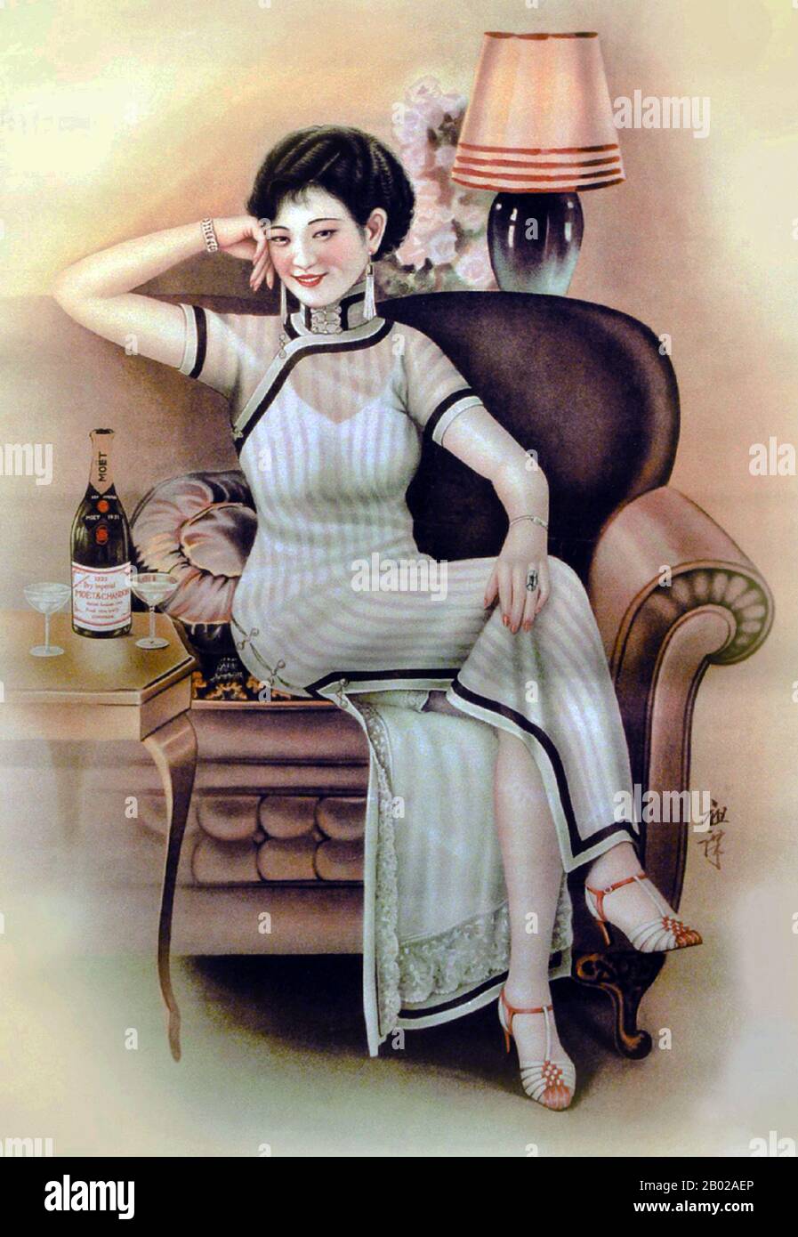 China: Chinese calendar girl of the 1930s wearing a qipao or cheongsam. The cheongsam is a body-hugging one-piece Chinese dress for women. It is known in Mandarin Chinese as the qpo (Wade-Giles China: Chinese calendar girl of the 1930s wearing a qipao or cheongsam. The cheongsam is a body-hugging one-piece Chinese dress for women. It is known in Mandarin Chinese as the qpo (Wade-Giles