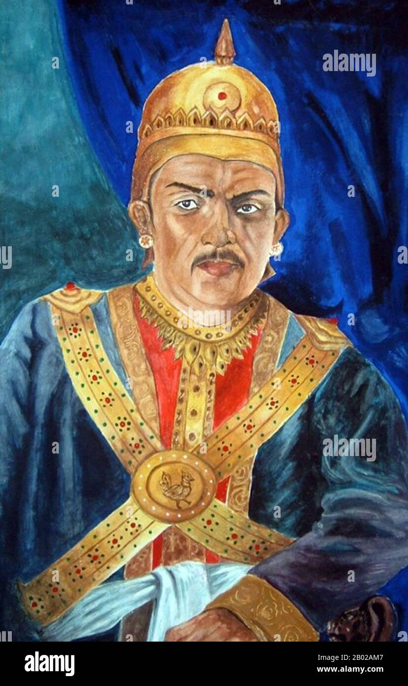 Razadarit (1368–1421) was king of Hanthawaddy Pegu from 1384 to 1421, and is considered one of the greatest kings in Burmese history. He successfully reunified all three Mon-speaking regions of southern Burma (Myanmar), and fended off major assaults by the Burmese-speaking northern Kingdom of Ava (Inwa) in the Forty Years' War (1385–1424).  When Razadarit became the ruler of Hanthawaddy in 1384, the 16-year-old boy-king held just the Pegu (Bago) province while the other two major Mon-speaking regions of the Irrawaddy delta and Martaban (Mottama) were in open rebellion. By his sheer will and mi Stock Photo