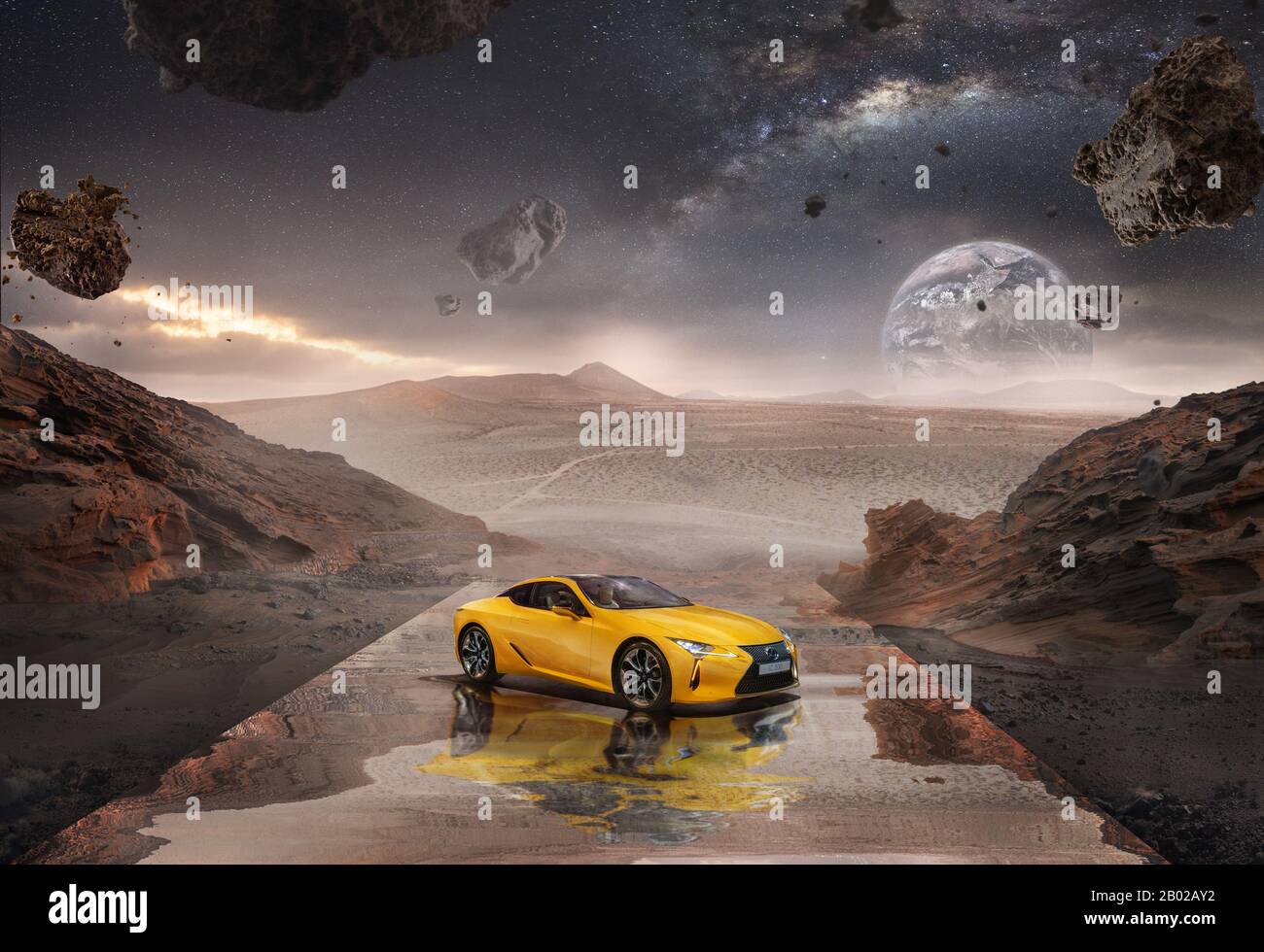 Lexus on Mars - unstoppable car for your intergalactic travel. Yellow car landed on another planet, surrounded by stars, water, asteroids and stardust. View of Earth on background. Modern tech concept. Stock Photo