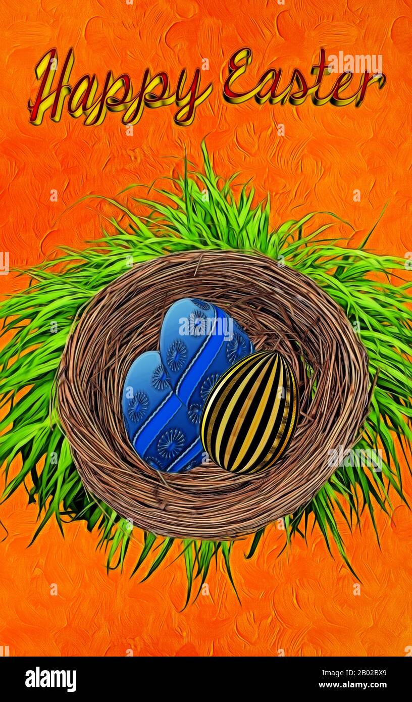 Three  Easter eggs in the basket. Stock Photo