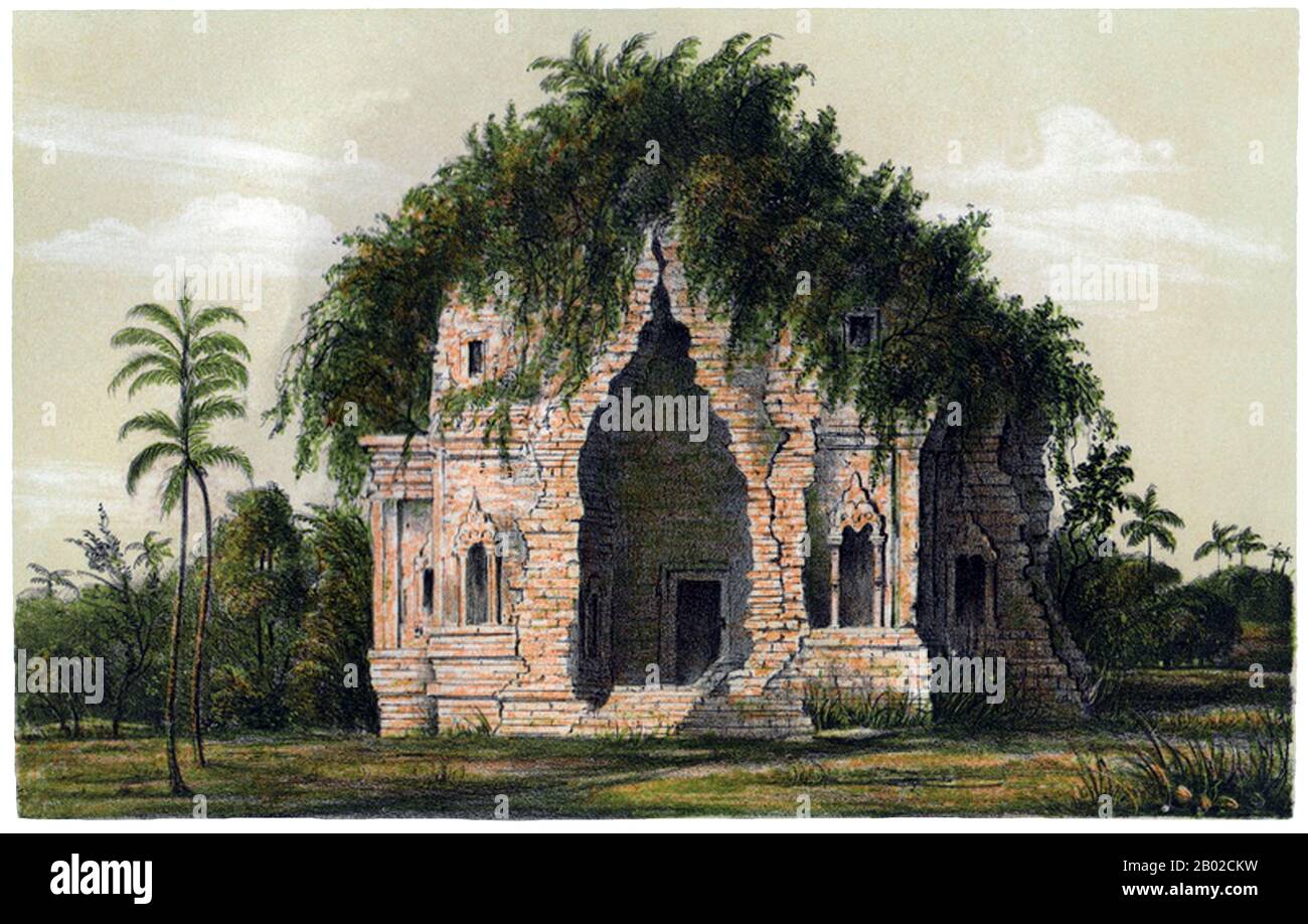 Indonesia: Candi Kalasan viewed from the west. Sailendra Period, c. 8th century. Johannes Muller, 1859.  Kalasan (Indonesian: Candi Kalasan), also known as Candi Kalibening, is an 8th-century Buddhist temple in Indonesia. It is located 13 km east of Yogyakarta.  Candi are the Hindu and Buddhist temples and sanctuaries of Indonesia, mostly built during the 8th to 15th centuries. However, ancient non-religious structures such as gates, urban ruins, and pools and bathing places are often also called 'candi'.  Candi refers to a structure based on the Indian type of single-celled shrine. Stock Photo
