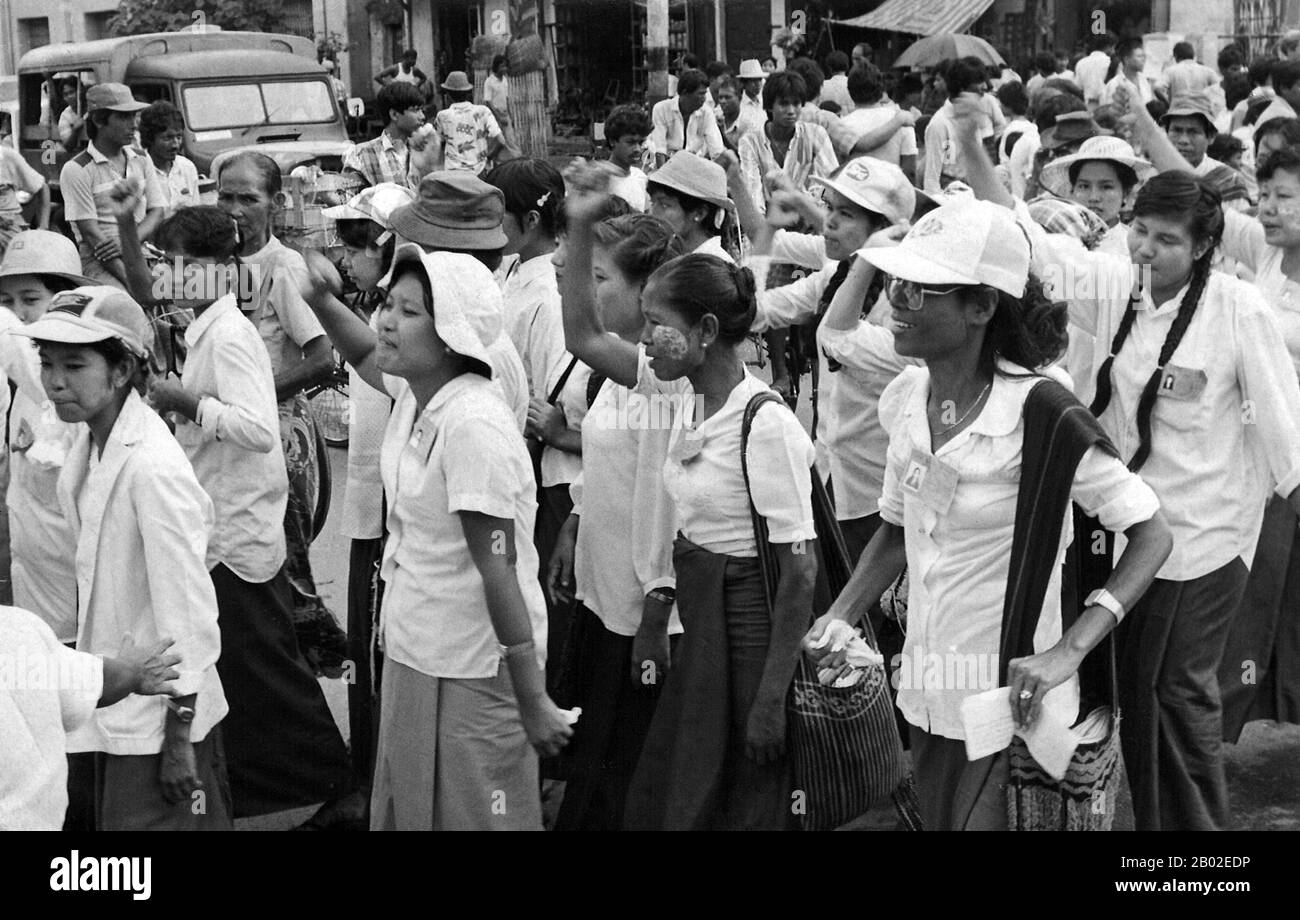 The 8888 Nationwide Popular Pro-Democracy Protests (also known as the People Power Uprising) were a series of marches, demonstrations, protests, and riots in the Socialist Republic of the Union of Burma (today commonly known as Burma or Myanmar). Key events occurred on 8 August 1988, and therefore it is known as the 8888 Uprising. Stock Photo