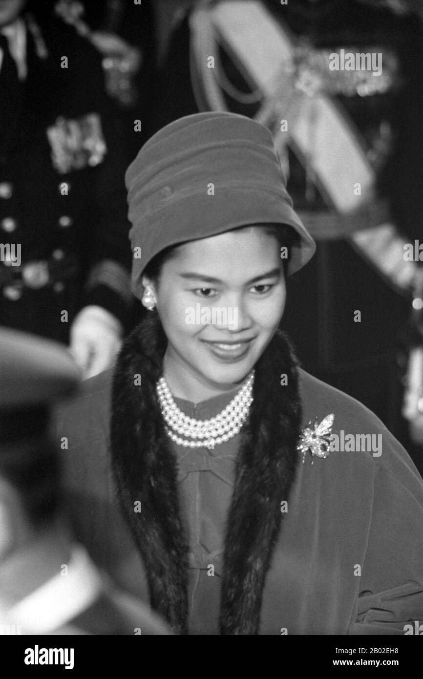 Somdet Phra Nang Chao Sirikit Phra Borommarachininat, literally: ‘Her Majesty Queen Regent Sirikit’; born Mom Rajawongse Sirikit Kitiyakara on August 12, 1932, is the queen consort of Bhumibol Adulyadej, King (Rama IX) of Thailand.  She is the second Queen Regent of Thailand (the first Queen Regent was Queen Saovabha Bongsri of Siam, later Queen Sri Patcharindra, the queen mother). As the consort of the king who currently is the world's longest reigning head of state, she is also the world's longest serving consort of a monarch. Stock Photo