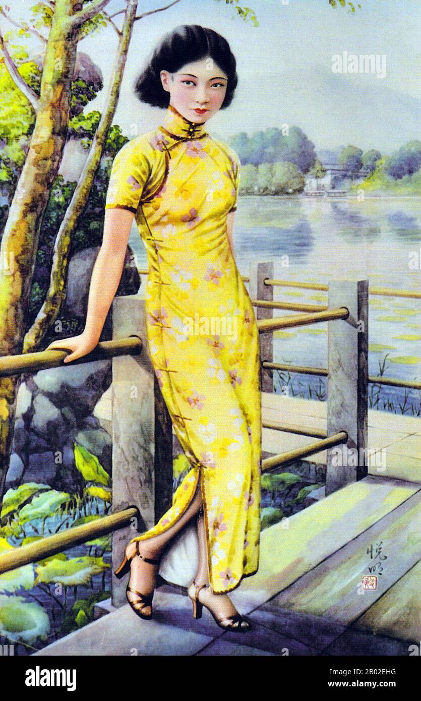 The cheongsam is a body-hugging one-piece Chinese dress for women. It is known in Mandarin Chinese as the qípáo (旗袍; Wade-Giles ch'i-p'ao, and is also known in English as a mandarin gown.  The stylish and often tight-fitting cheongsam or qipao (chipao) that is most often associated with today was created in the 1920s in Shanghai and was made fashionable by socialites and upperclass women. Stock Photo