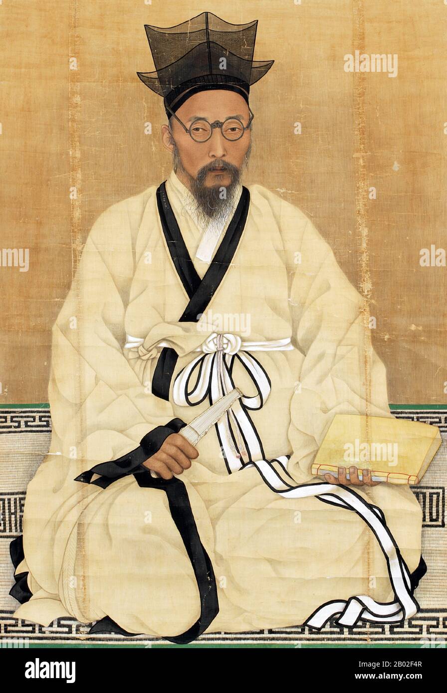 This is a portrait of Hwang Hyeon (1855-1910), a scholar and patriot toward the end of the Joseon period, produced by Chae Yong-sin (1850-1941).  Chae painted the portrait in May 1911, a year after Hwang's death, based on the photograph but changing the costume and pose. Hwang is portrayed wearing a Confucian scholar's overcoat (simeui) and a tiered black horsehair hat, sitting on a decorative mat and holding a book and a fan in his hands. Stock Photo