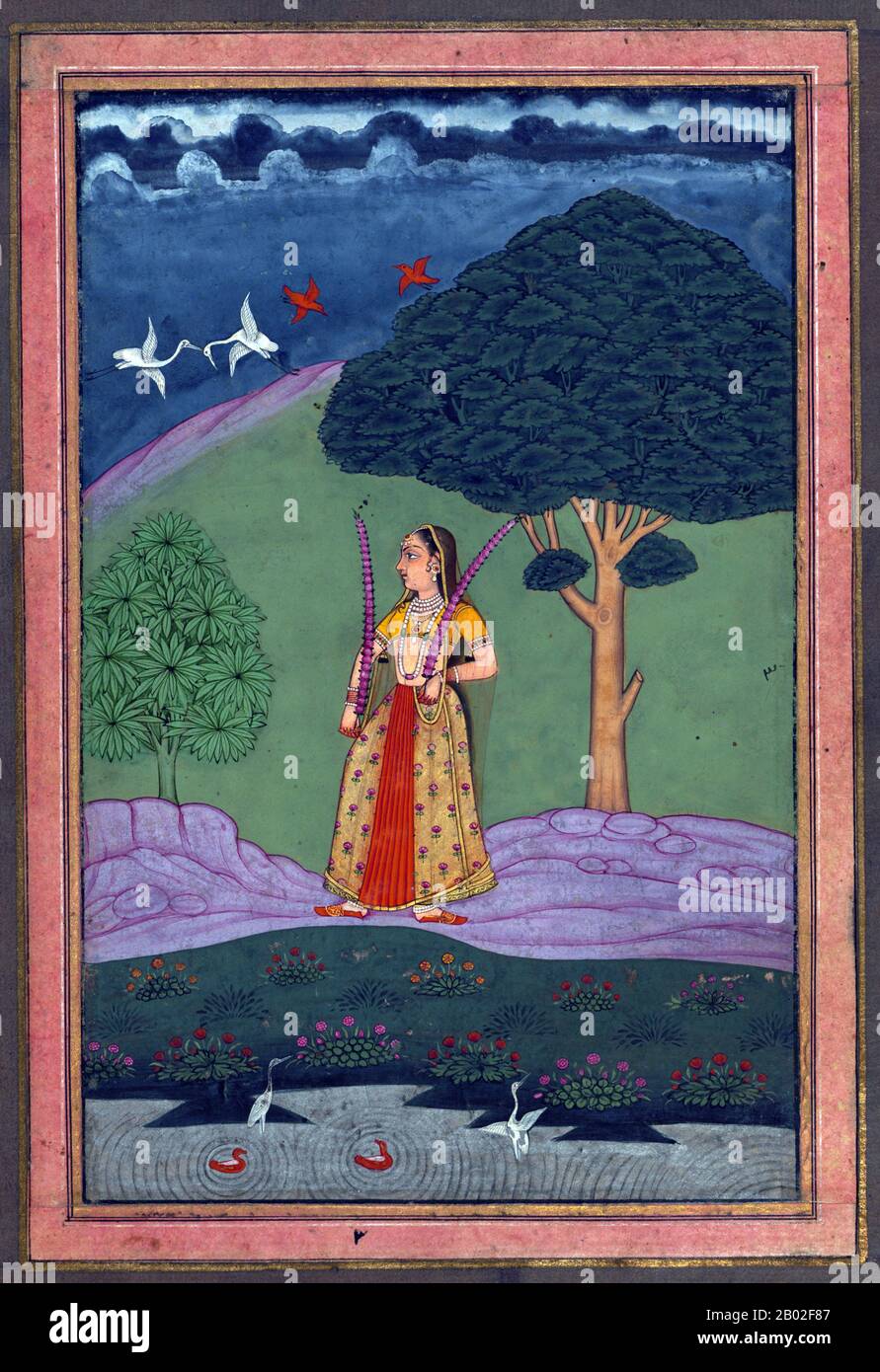 India: 'A woman by a lake'. Miniature painting from an album or 'muraqqa' compiled in the Deccan, 18th-19th century.  A raga is one of the melodic modes used in Indian classical music. It uses a series of five or more musical notes upon which a melody is constructed. However, the way the notes are approached and rendered in musical phrases and the mood they convey are more important in defining a raga than the notes themselves. In Indian musical tradition, rāgas are associated with different times of the day, or with seasons.  Rāginī is a term for the 'feminine' counterpart or 'wife' to a rāga Stock Photo