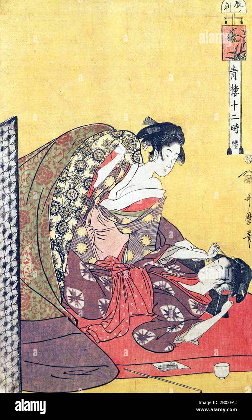 Japan: 'The Hour of the Dragon' ('Tatsu no Koku') - c. 7-9 AM. Ukiyo-e woodblock print by Utamaro Kitagawa (1753-1806), c. 1794-1795.  During the Edo period (1603-1868), the Japanese clock was divided into twelve units of time, or ‘hours’, with each one named after one of the zodiacal symbols of the lunar calendar, and with the day being divided up into six daytime hours and six night-time hours.  This woodblock print is taken from Kitagawa Utamaro's 1794-1795 ukiyo-e series 'Twelve Hours of the Green Rooms', sometimes styled 'Twelve Hours in the Yoshiwara'. Stock Photo