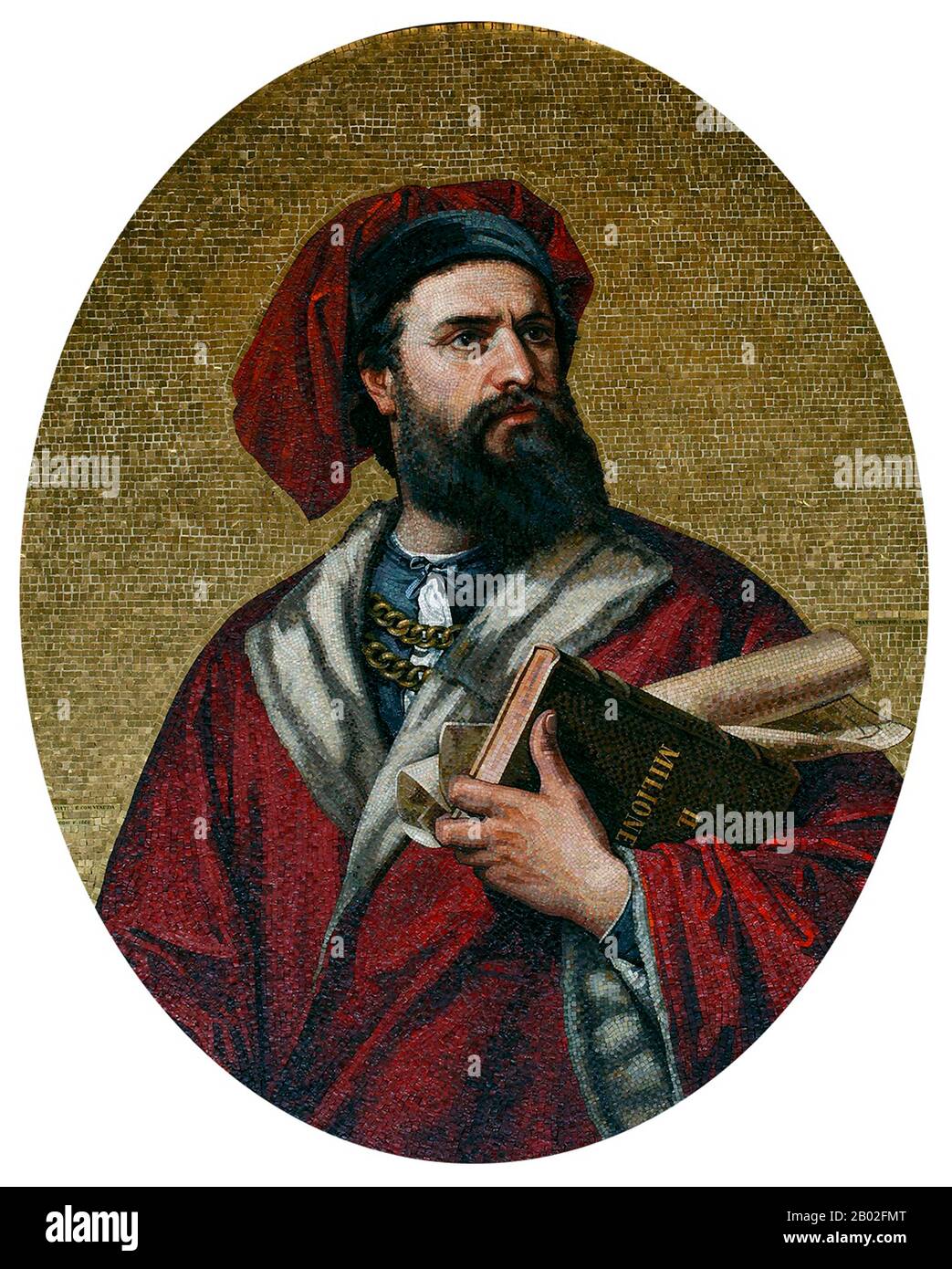 Probably born in Venice around 1254 CE, Marco Polo was raised by his aunt and uncle after his mother died. His father, Niccolo, was a Venetian merchant who left before Marco was born to trade in the Middle East. Niccolo and his brother Maffeo passed through much of Asia and met with Mongol emperor Kublai Khan who reportedly invited them to be ambassadors. In 1269, Niccolo and Maffeo returned to Venice, meeting Marco for the first time.  In 1271, Marco Polo, aged 17, with his father and his uncle, set off for Asia, travelling through Constantinople, Baghdad, Persia, Kashgar, China and Burma. Th Stock Photo