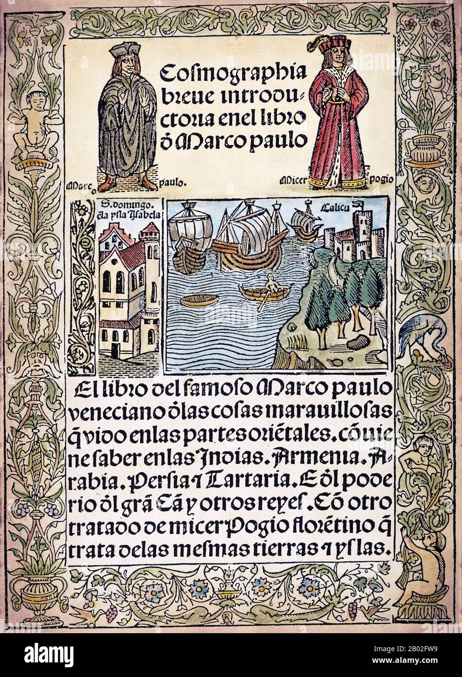 Probably born in Venice around 1254 CE, Marco Polo was raised by his aunt and uncle after his mother died. His father, Niccolo, was a Venetian merchant who left before Marco was born to trade in the Middle East. Niccolo and his brother Maffeo passed through much of Asia and met with Mongol emperor Kublai Khan who reportedly invited them to be ambassadors. In 1269, Niccolo and Maffeo returned to Venice, meeting Marco for the first time. In 1271, Marco Polo, aged 17, with his father and his uncle, set off for Asia, travelling through Constantinople, Baghdad, Persia, Kashgar, China and Burma. Th Stock Photo