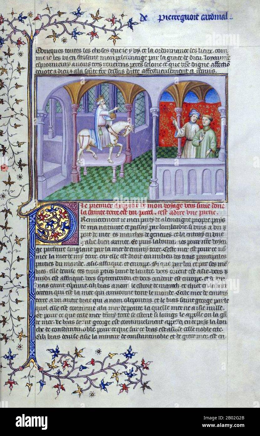 Italy/China: Scene at the court of the Great Khan. Miniature painting from 'Le Livre des Merveilles', c. 1410-1412.  Probably born in Venice around 1254 CE, Marco Polo was raised by his aunt and uncle after his mother died. His father, Niccolo, was a Venetian merchant who left before Marco was born to trade in the Middle East. Niccolo and his brother Maffeo passed through much of Asia and met with Mongol emperor Kublai Khan who reportedly invited them to be ambassadors. Stock Photo
