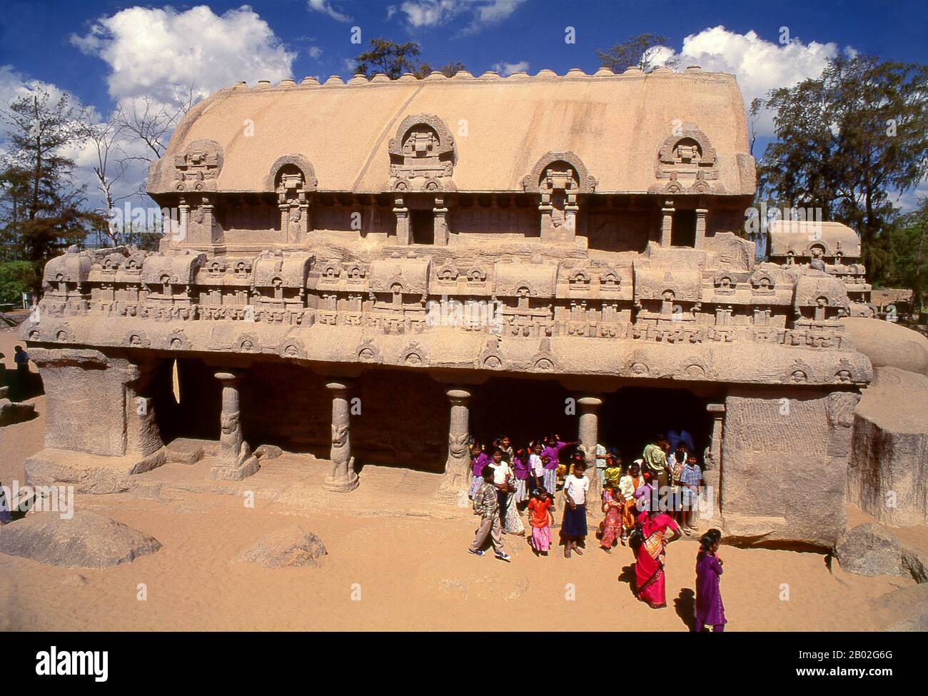 India: Bhima Ratha, one part of the Pancha Rathas (Five Chariots), Mahabalipuram, Tamil Nadu.  Pancha Rathas is an example of monolithic Indian rock-cut architecture. Dating from the late 7th century, it is attributed to the reign of King Mahendravarman I and his son Narasimhavarman I (630-680 CE), also called Mamalla, or 'great warrior', of the Pallava Kingdom.  Mahabalipuram, also known as Mamallapuram is an ancient historic town and was a bustling seaport from as early as the 1st century CE.  By the 7th Century it was the main port city of the South Indian Pallava dynasty. Stock Photo