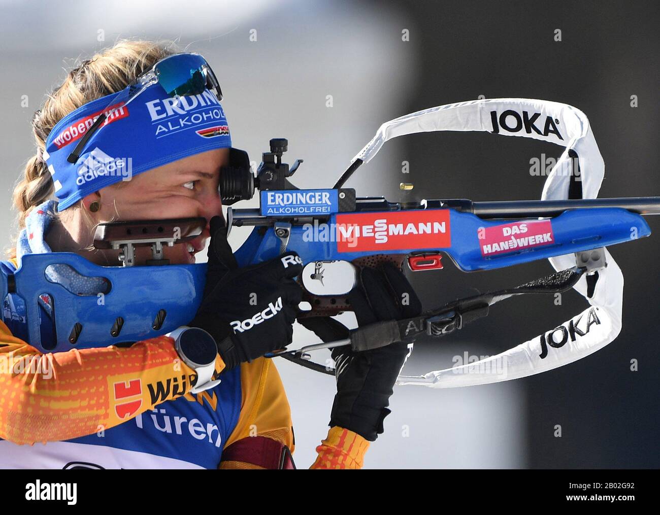 Antholz, Italy. 18th Aug, 2017. Biathlon: World Championship, 15 km singles, women. Vanessa Hinz from Germany shooting before the competition. - RECROP. Credit: Hendrik Schmidt/dpa/Alamy Live News Stock Photo