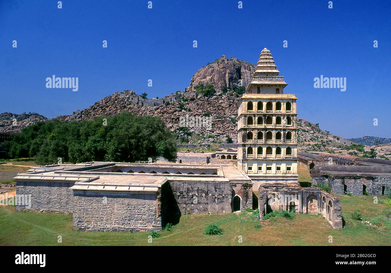 India: The rock-bound fortress of Gingee, Tamil Nadu. Gingee Fort or Senji Fort was originally the site of a small fort built by the Chola dynasty during the 9th century. The fort was modified by Kurumbar during the 13th century.  The fort as it stands today was built in the 15th and 16th centuries by the Nayak Dynasty. The fort passed variously to the Marathas under the leadership of Shivaji in 1677, the Bijapur sultans, the Moghuls, Carnatic Nawabs, the French and then the British in 1761. The fort is closely associated with Raja Tej Singh. Stock Photo