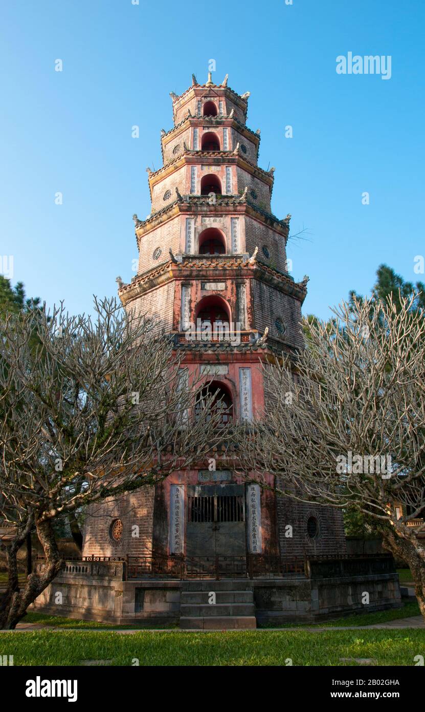 Vietnam: Thien Mu Pagoda, Hue.  Thien Mu Pagoda was built in 1601 CE under Nguyen Hoang, the governor of Thuan Hoa province, now known as Hue. Although he swore loyalty to the Le Dynasty in Hanoi, Nguyen Hoang effectively ruled Thuan Hoa as an independent state in central Vietnam. The pagoda has seven storeys and is the tallest in Vietnam, and is often the subject of folk rhymes and poetry about Hue, which was the imperial capital of Vietnam between 1802 and 1945.  Hue was the imperial capital of the Nguyen Dynasty between 1802 and 1945. The tombs of several emperors lie in and around the city Stock Photo