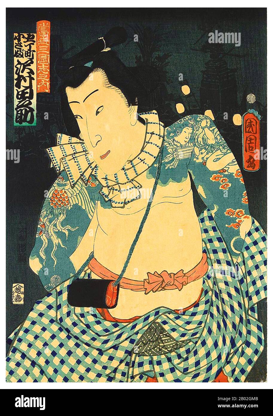 Japan: 'Tosei Sangokushi no Uchi'. Sawamura Tanosuke, kabuki actor, with phoenix and angel tattoo. Ukiyo-e woodblock print by Toyohara Kunichika (1835-1900), c. 1863.  Irezumi is a Japanese word that refers to the insertion of ink under the skin to leave a permanent, usually decorative mark; a form of tattooing.  The word can be written in several ways, each with slightly different connotations. The most common way of writing irezumi is with the Chinese characters 入れ墨 or 入墨, literally meaning to 'insert ink'. The characters 紋身 (also pronounced bunshin) suggest 'decorating the body'. Stock Photo